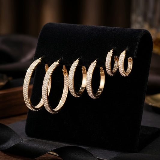 Rhinestone Pave Hoop Earrings - 3 Pair Set